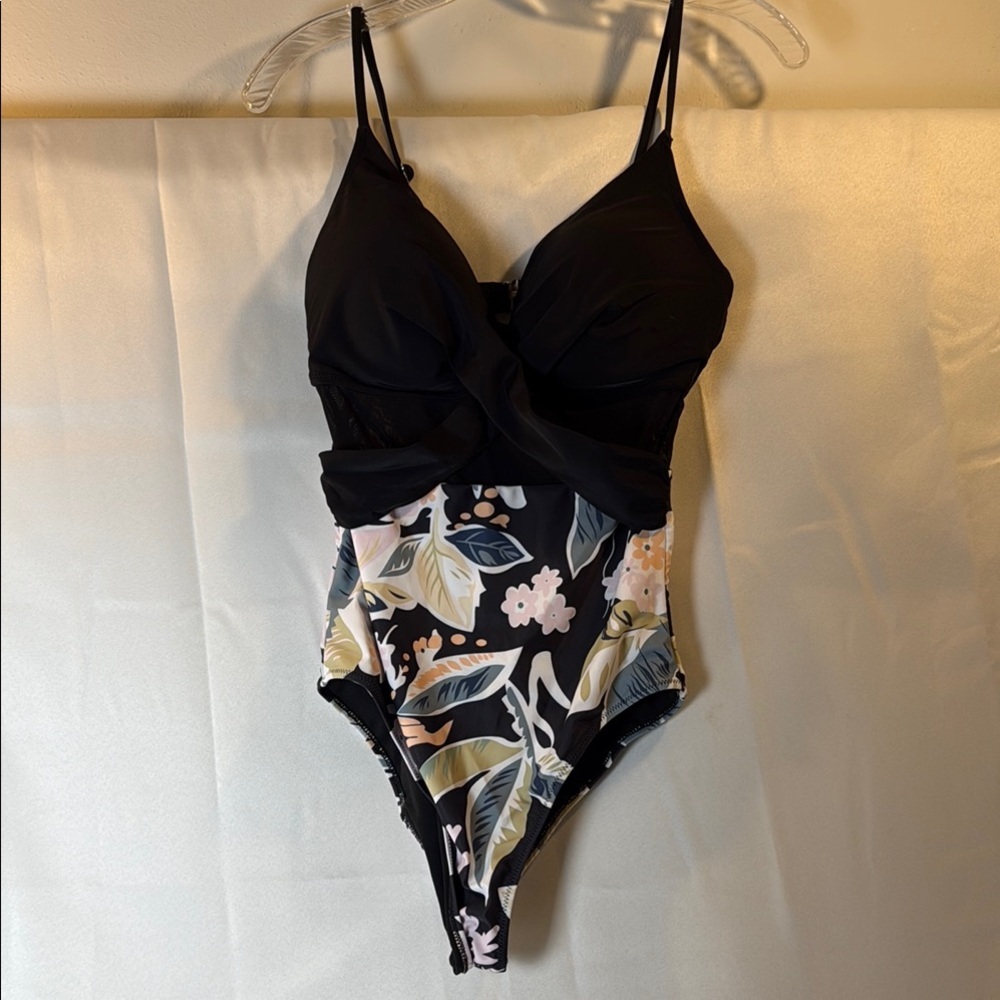 Black One Piece Swimsuit with Plunging V-neckline and Tropical Print